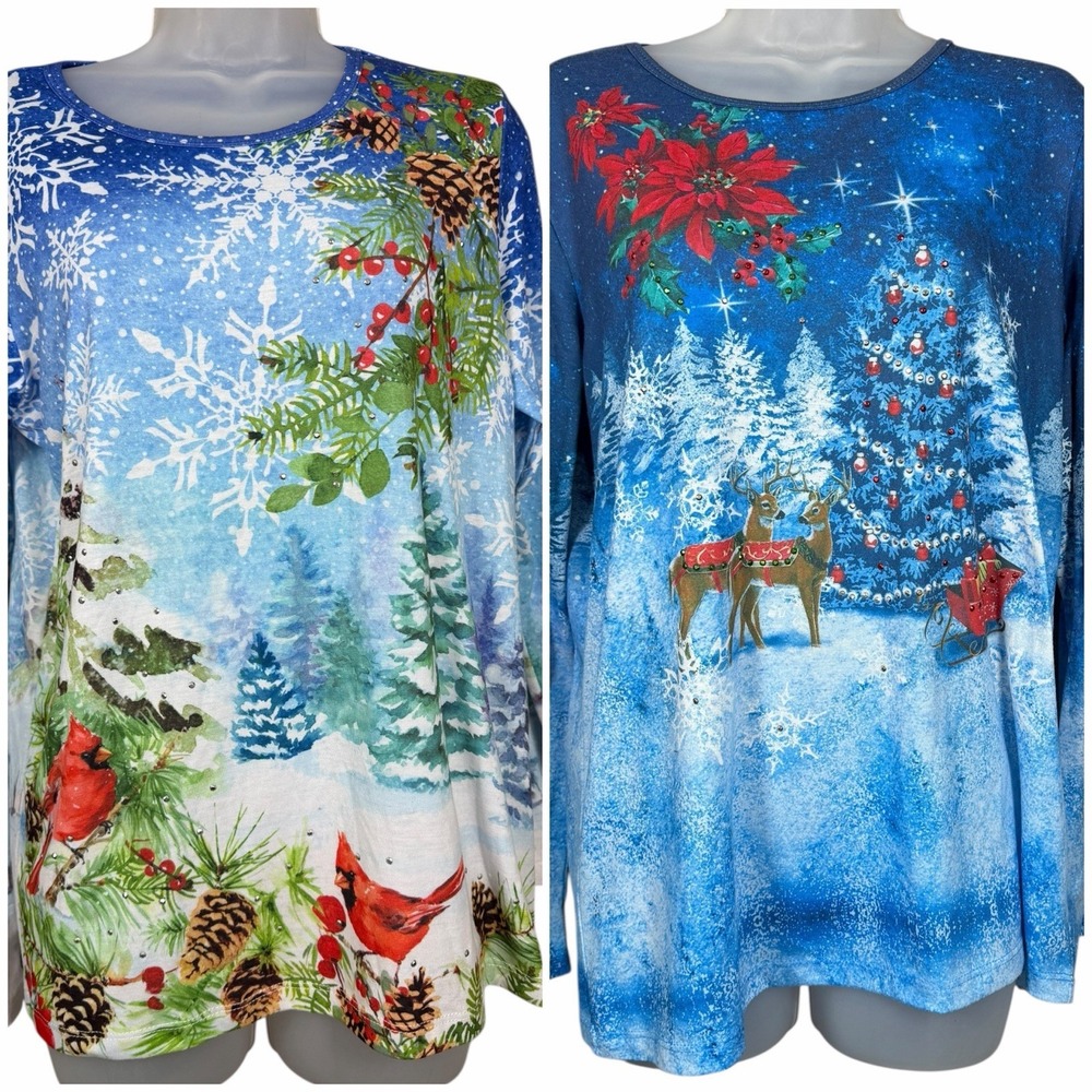 Gloria Vanderbilt Lot 2 M Christmas Tops Cardinals Reindeer Embellished‎ Holiday